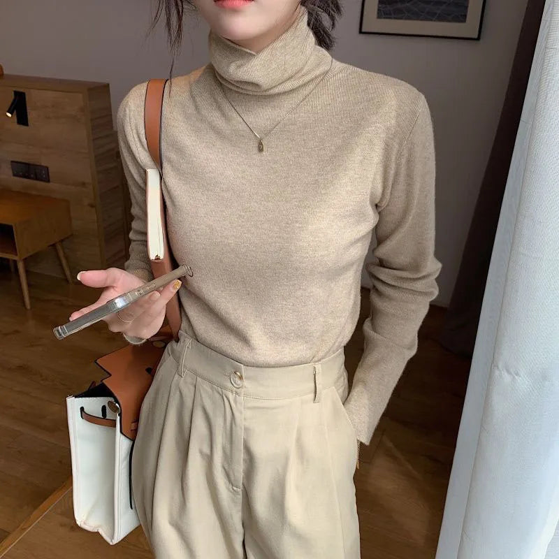 Lucyever Turtleneck Sweater for Women Autumn Winter Basic Solid Knitted Jumpers Tops Korean Casual Slim Long Sleeve Pullovers