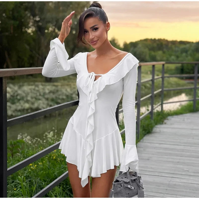 Elegant Ruffled Mini Dress Women Sexy Slim V Neck Lace Up Robe Female 2024 Summer Fashion Flare Sleeves Solid Beach Dresses Lady