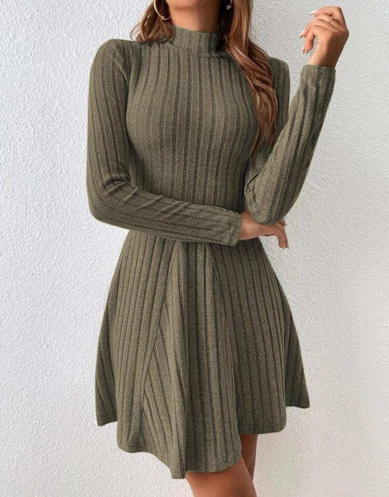 Fashion  Slim  Solid  Color  Ribbed Mock Neck Solid Dress Elegant Long Sleeve Dress For Spring  Fall   Women's  Clothing