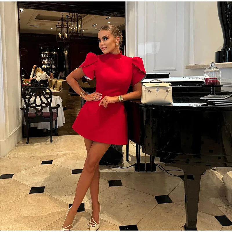 2024 Elegant Women Luxury Formal Hollow Red O-neck Mini Dress Fashion Bow Pad Shoulder Evening Dresses Lady Street Party Vestido