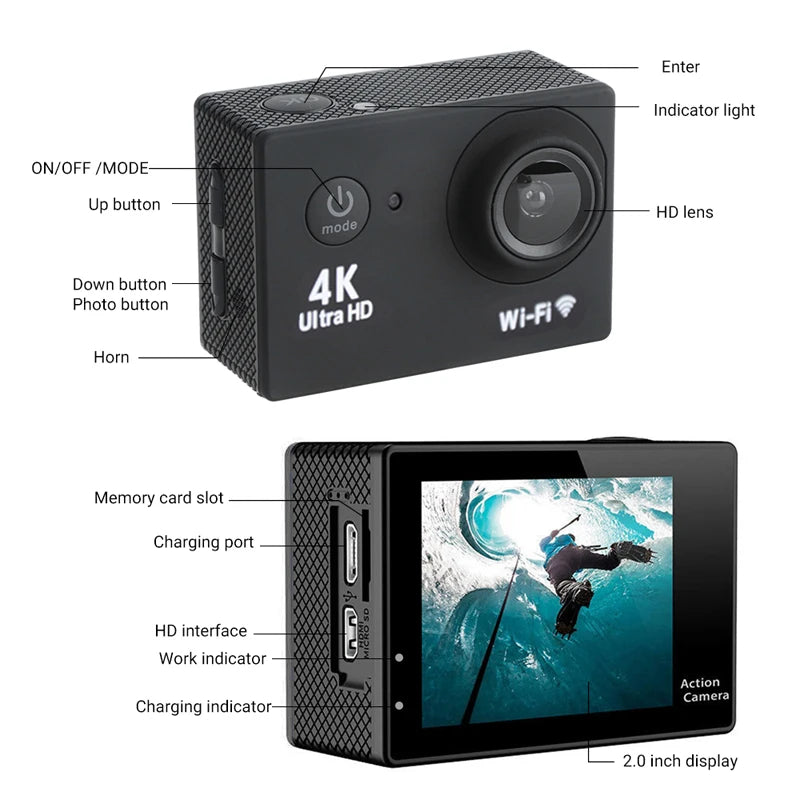 Original Ultra HD 4K Action Camera 1080P/30fps WiFi 2.0-inch Screen 170D Waterproof Underwater Helmet GO Recording Cameras Pro