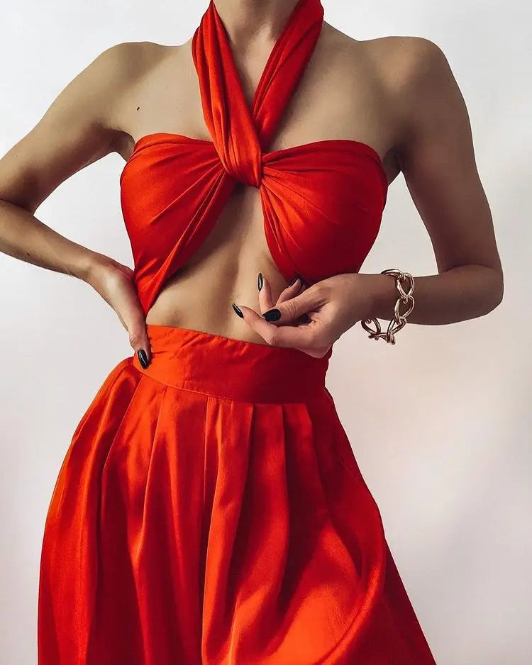 Summer Street Solid Color Sexy Cross Neck Sleeveless Halter Jacket High Waist Wide  Leg Pants Women'S Clothing Two-Piece Uit