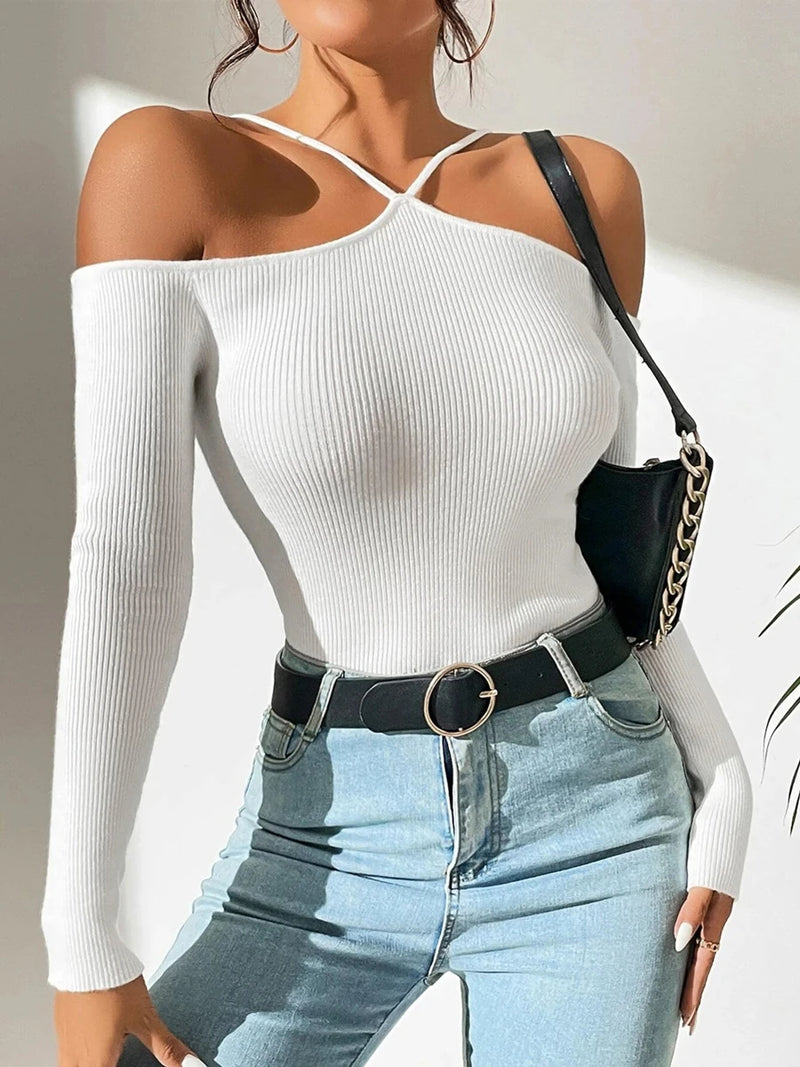 New Spring Summer Women Basics Cold Shoulder Ribbed Knit Cross Neck Sweater Top Femme Backless Y2k Long Sleeve Pullovers Clothes