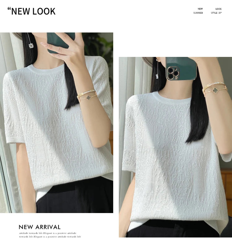 3D Relief Ice Silk Knitted Short Sleeved Women's Round Neck Loose Thin Jacquard Top Wth a Base T-shirt  2024Hot Selling Items