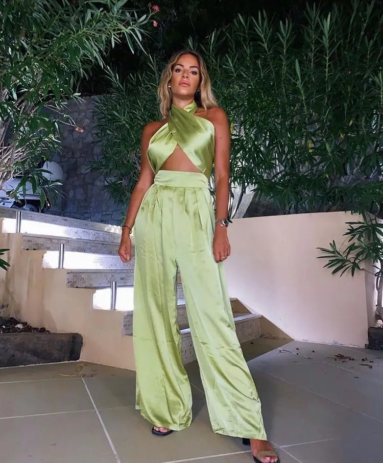 Summer Street Solid Color Sexy Cross Neck Sleeveless Halter Jacket High Waist Wide  Leg Pants Women'S Clothing Two-Piece Uit