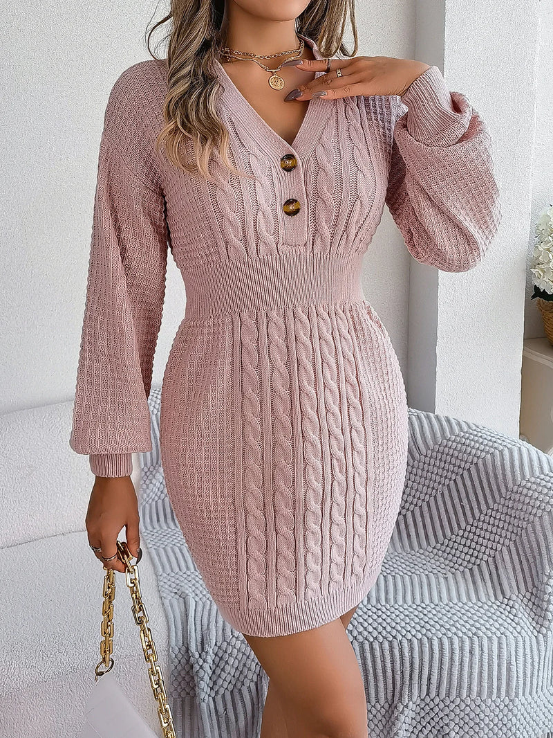 Twist Women Knitted Dress V-neck Autumn 2024 Knitwear Ladies Winter Lantern Sleeve Vintage Wool Vestido Dropshippping