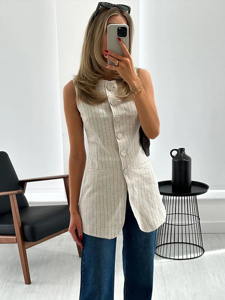 Fashion Linen Stripe Vests Women's 2024 Elegant O-neck Sleeveless Waistcoat Female Casual Single Breasted Pockets Lady Chic Tops