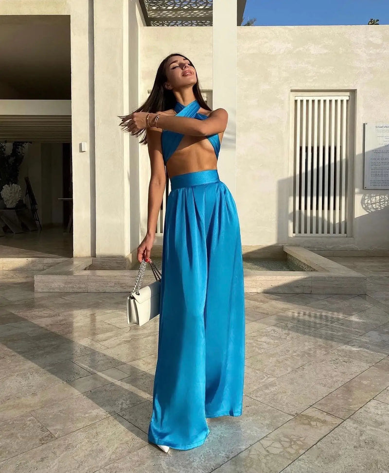 Summer Street Solid Color Sexy Cross Neck Sleeveless Halter Jacket High Waist Wide  Leg Pants Women'S Clothing Two-Piece Uit