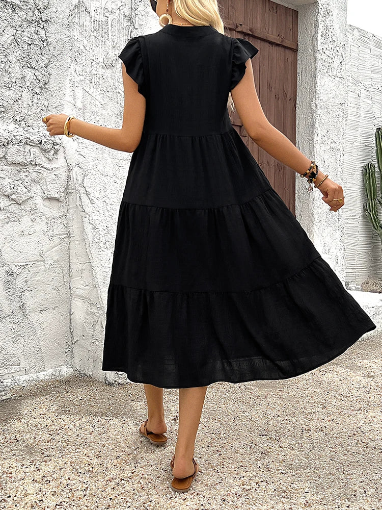 Women's summer fashion retro elegant V-neck solid color vertical zou texture waist long dress