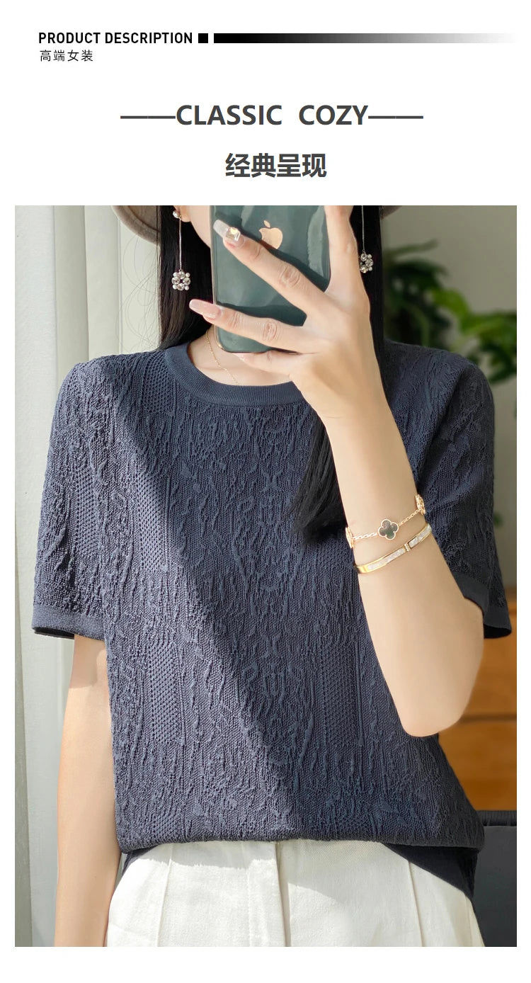 3D Relief Ice Silk Knitted Short Sleeved Women's Round Neck Loose Thin Jacquard Top Wth a Base T-shirt  2024Hot Selling Items