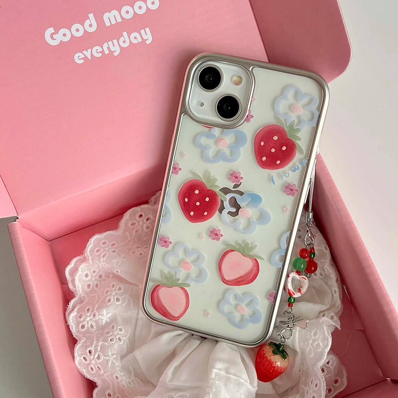 3D strawberry chain painting blue flower fruit phone case for iphone 12 15promax 14pro 13pro 15 pro max ins plating cover coque