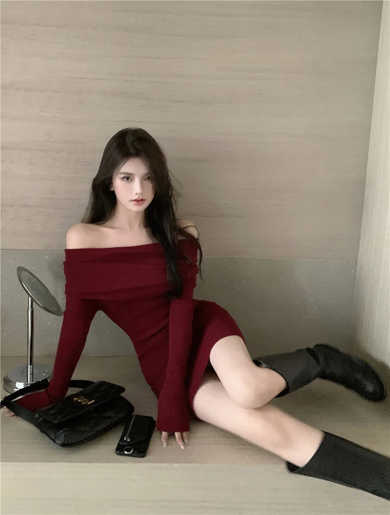 Black Off Shoulder Mini Dresses Elegant Long Sleeve Fashion Slim Sexy Women Autumn Winter Clothing Skinny Sweater Dress Bodycon