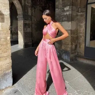 Summer Street Solid Color Sexy Cross Neck Sleeveless Halter Jacket High Waist Wide  Leg Pants Women'S Clothing Two-Piece Uit