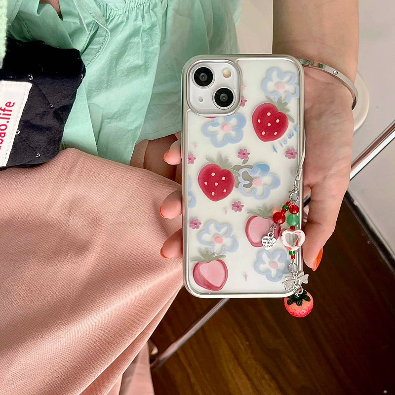 3D strawberry chain painting blue flower fruit phone case for iphone 12 15promax 14pro 13pro 15 pro max ins plating cover coque