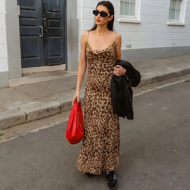 Leopard Print Sexy Backless Party Club Birthday Y2K Maxi Dress Outfits Women Summer Sleeveless V Neck Bodycon Dresses Vestido