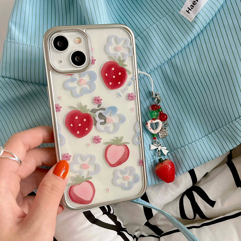 3D strawberry chain painting blue flower fruit phone case for iphone 12 15promax 14pro 13pro 15 pro max ins plating cover coque