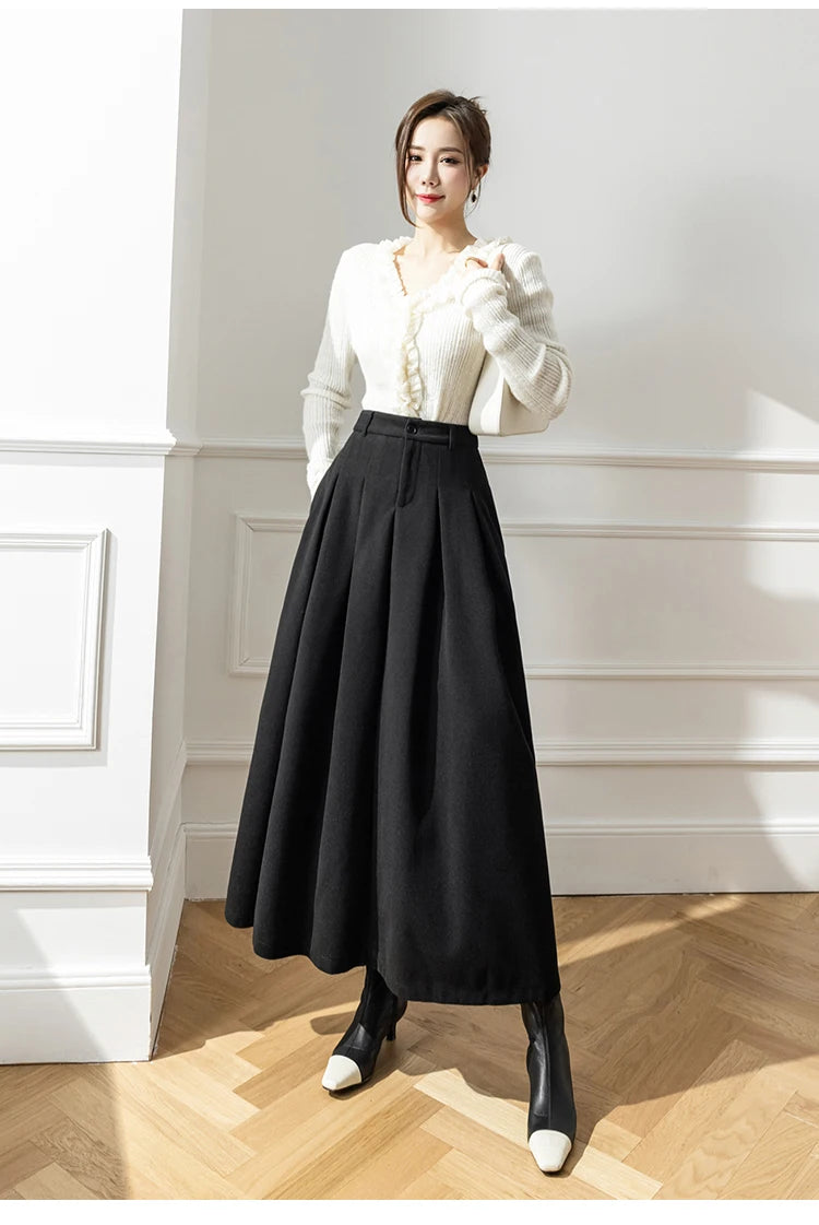 Elegant Women Faux Woolen Skirts For Office Ladies Pockets Casual Loose A-Line High Waist Midi Skirt 2023 Autumn Winter SK11