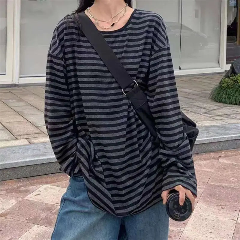 Autumn Women Harajuku Striped T Shirt Long Sleeve O-Neck Casual Oversize Top Femme Streetwear Black Grey Loose Street Tops Y2K