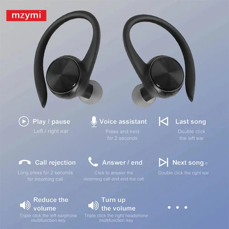 mzymi R200 Wireless Earbuds Open Ear Bluetooth Headphone EarHooks 9D Stereo Sound Earphones Sports LED Display Headset