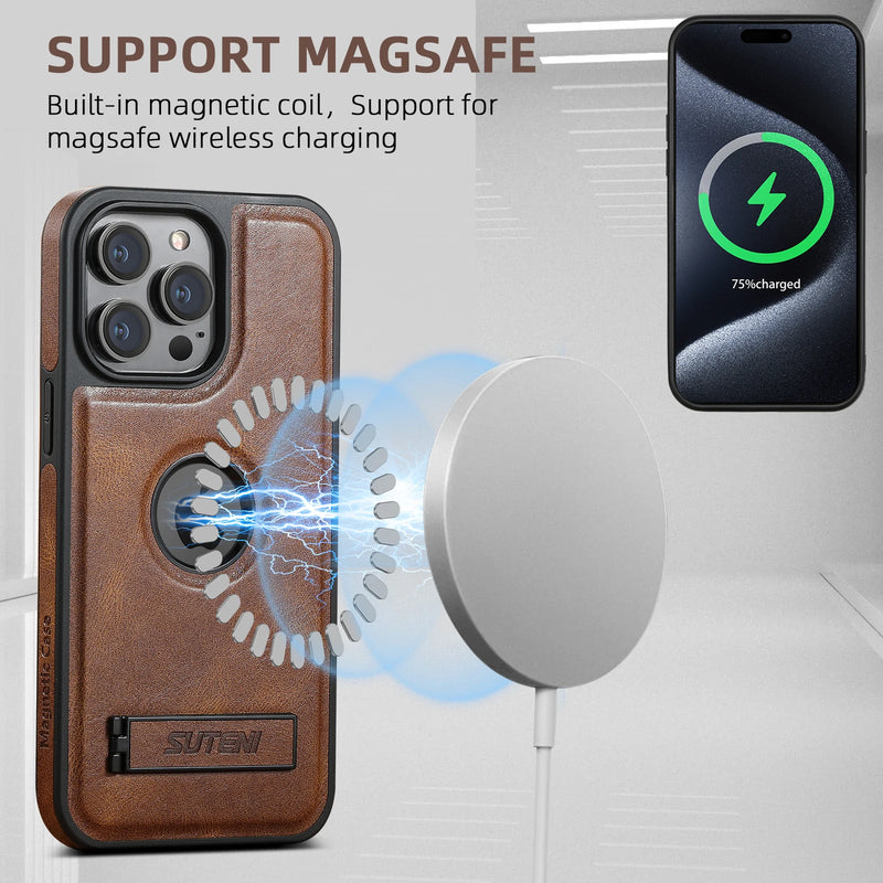 SUTENI Magnetic Support Luxury Leather Magsafe Phone Cases For iPhone 16 15 14 13 12 Pro Max Plus Cover