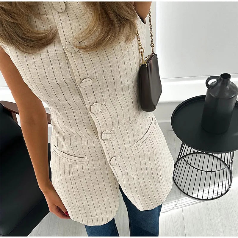 Fashion Linen Stripe Vests Women's 2024 Elegant O-neck Sleeveless Waistcoat Female Casual Single Breasted Pockets Lady Chic Tops