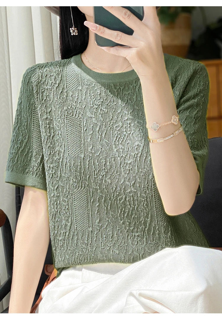 3D Relief Ice Silk Knitted Short Sleeved Women's Round Neck Loose Thin Jacquard Top Wth a Base T-shirt  2024Hot Selling Items