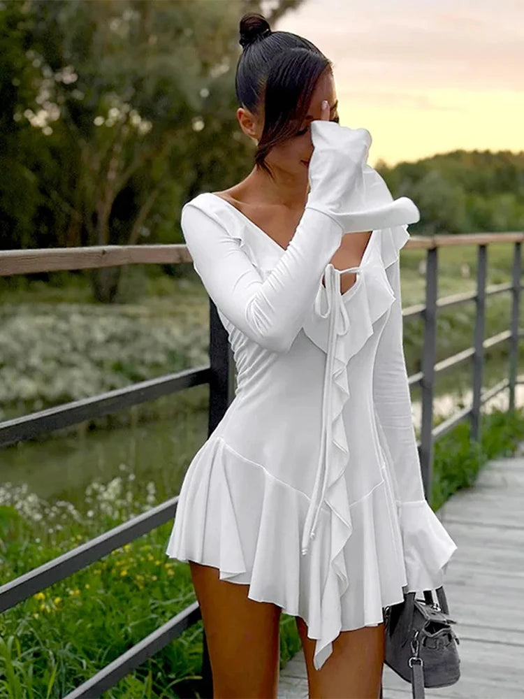 Elegant Ruffled Mini Dress Women Sexy Slim V Neck Lace Up Robe Female 2024 Summer Fashion Flare Sleeves Solid Beach Dresses Lady