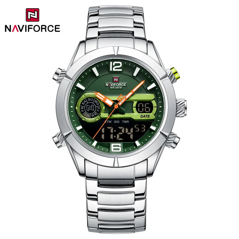 NAVIFORCE Luxury Military Sports Watch For Men Luminous Waterproof Steel Band Quartz Digital Dual Display Wrist Watch Male Clock