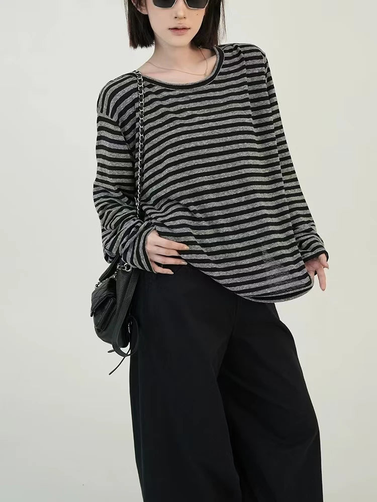 Autumn Women Harajuku Striped T Shirt Long Sleeve O-Neck Casual Oversize Top Femme Streetwear Black Grey Loose Street Tops Y2K