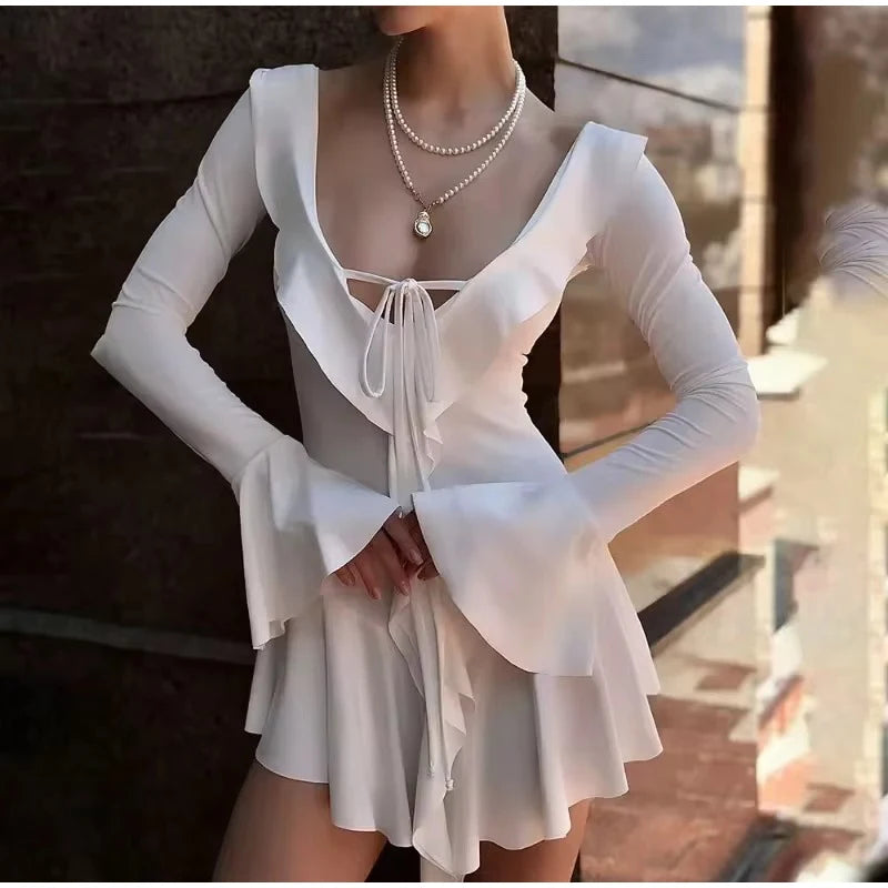 Elegant Ruffled Mini Dress Women Sexy Slim V Neck Lace Up Robe Female 2024 Summer Fashion Flare Sleeves Solid Beach Dresses Lady