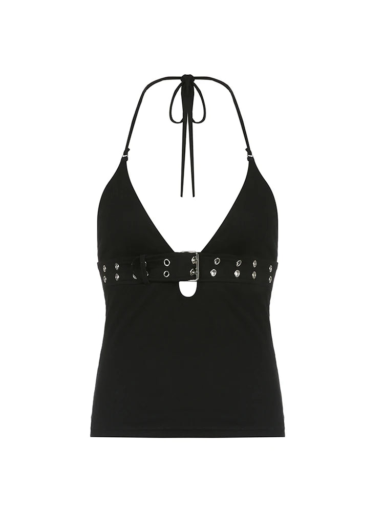 Backless Eyelet Buckle Lace-Up V Neck Halter Crop Vest Top Women Punk Style Gothic Streetwear