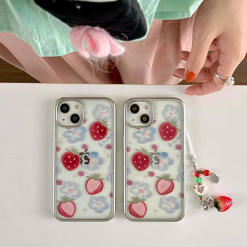 3D strawberry chain painting blue flower fruit phone case for iphone 12 15promax 14pro 13pro 15 pro max ins plating cover coque