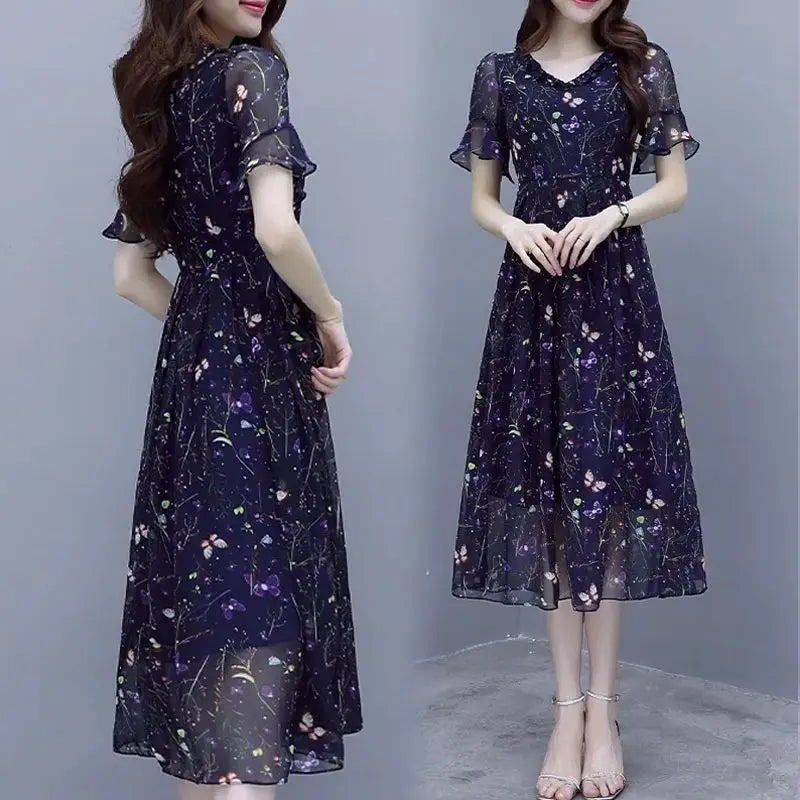 Stylish Casual Butterfly Printed Midi Dress Summer Bandage Elegant V-Neck Female Clothing A-Line Commute Ruffles Spliced Dresses