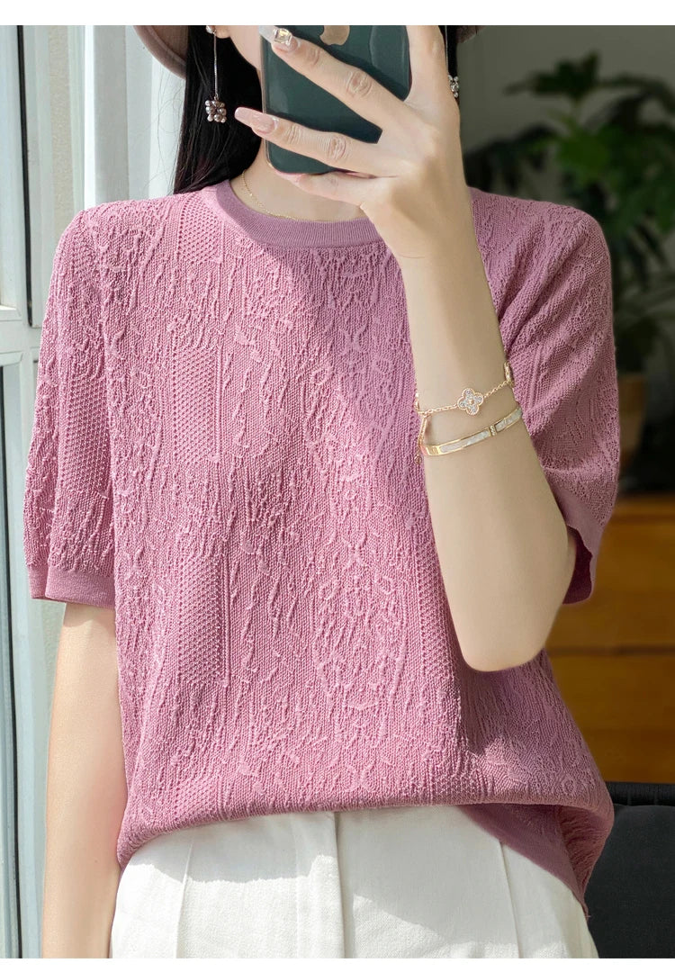 3D Relief Ice Silk Knitted Short Sleeved Women's Round Neck Loose Thin Jacquard Top Wth a Base T-shirt  2024Hot Selling Items