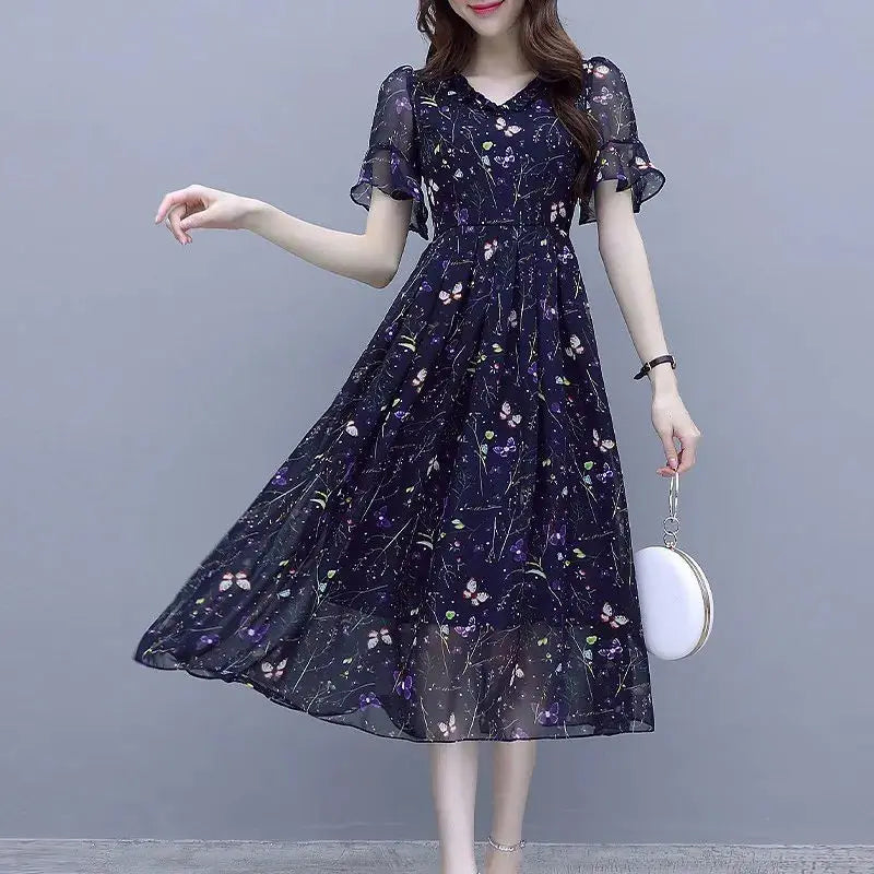 Stylish Casual Butterfly Printed Midi Dress Summer Bandage Elegant V-Neck Female Clothing A-Line Commute Ruffles Spliced Dresses