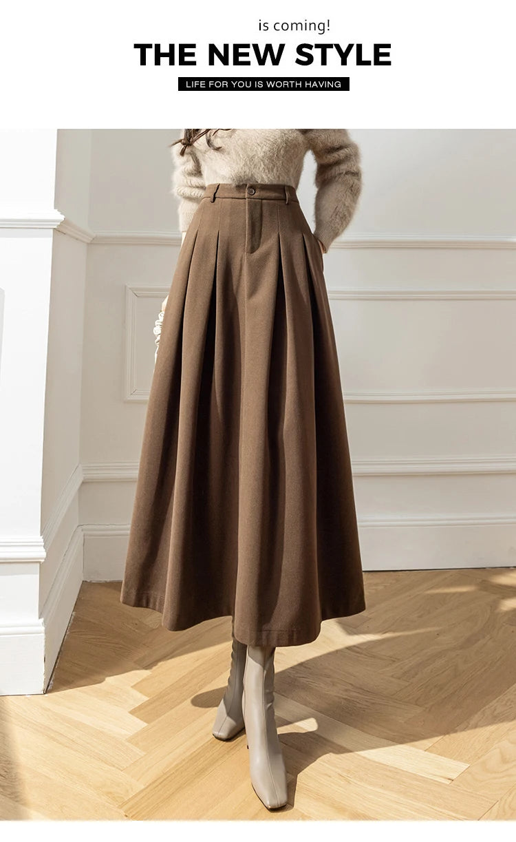 Elegant Women Faux Woolen Skirts For Office Ladies Pockets Casual Loose A-Line High Waist Midi Skirt 2023 Autumn Winter SK11