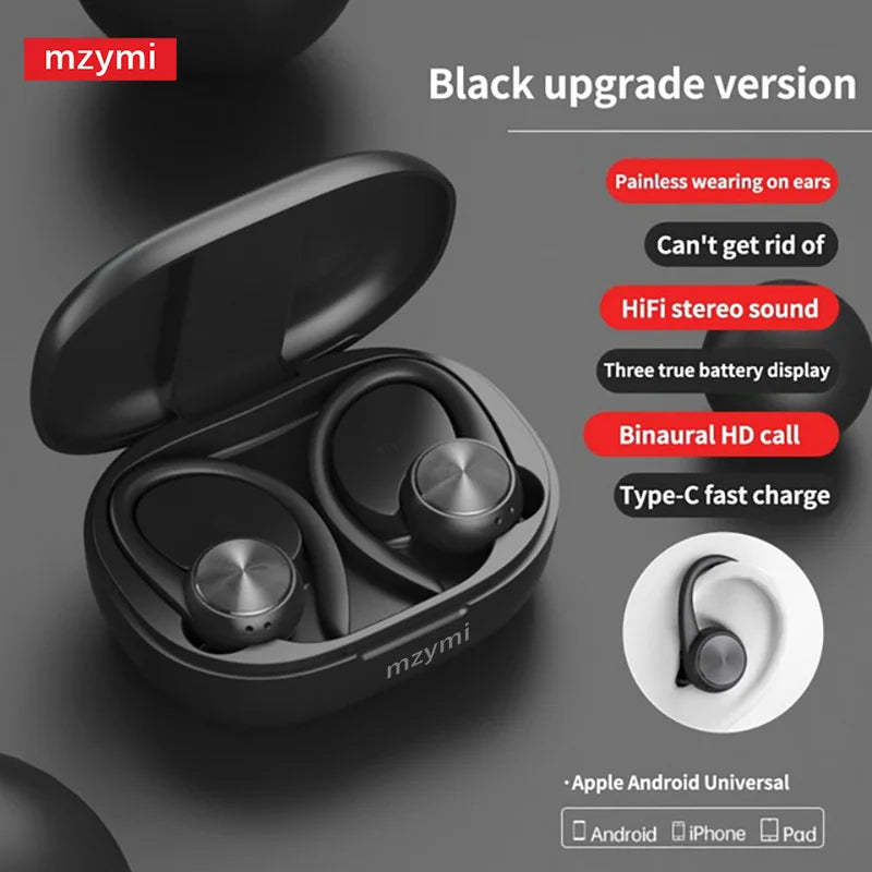 mzymi R200 Wireless Earbuds Open Ear Bluetooth Headphone EarHooks 9D Stereo Sound Earphones Sports LED Display Headset