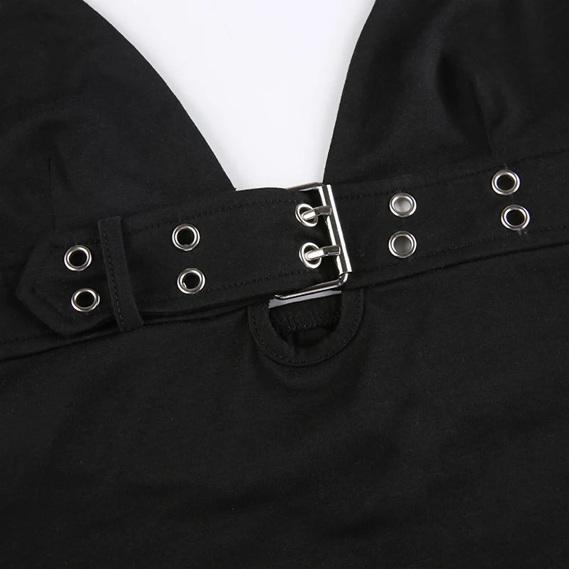 Backless Eyelet Buckle Lace-Up V Neck Halter Crop Vest Top Women Punk Style Gothic Streetwear