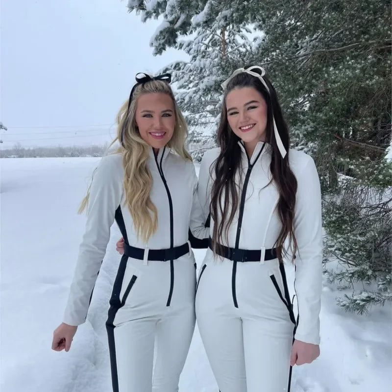 Macacões de esqui de retalhos de inverno para mulheres, manga comprida, à prova d'água, à prova de vento, macacão de esqui feminino 2024, elegante macacão de skate