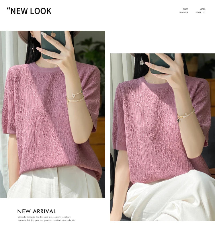 3D Relief Ice Silk Knitted Short Sleeved Women's Round Neck Loose Thin Jacquard Top Wth a Base T-shirt  2024Hot Selling Items