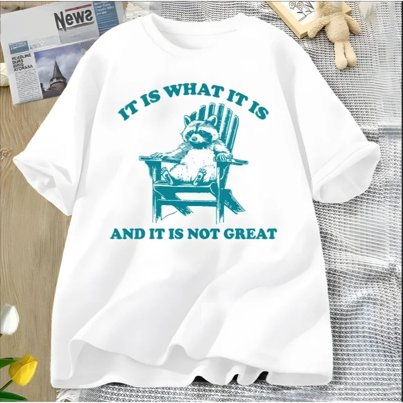 It Is What It Is and It Is Not Great Funny Raccoon Cotton T-shirt Women Trash Panda Opossum Graphic T-shirts Short Sleeve Tees