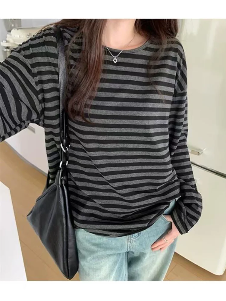 Autumn Women Harajuku Striped T Shirt Long Sleeve O-Neck Casual Oversize Top Femme Streetwear Black Grey Loose Street Tops Y2K