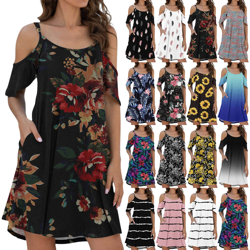 Woman Floral Print Dress Summer Fashion Spaghetti Strap Off Shoulder Sleeveless Dresses Holiday A-Line Mesh Fabric Vestidos 2024