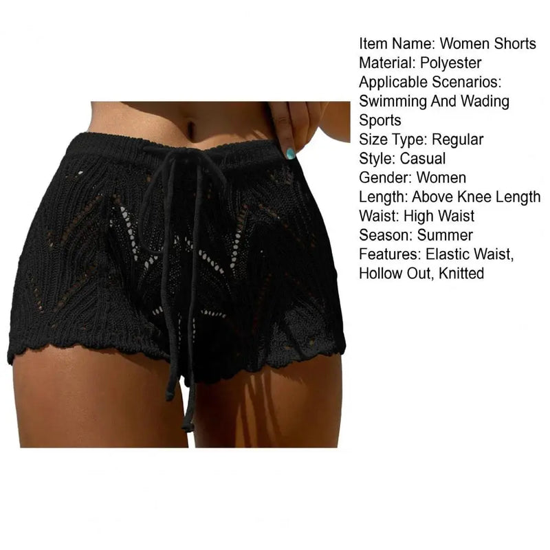 Breathable Summer Shorts Elegant Lace Beach Shorts for Women Knitted Drawstring Waist Soft Breathable Fabric High for Summer