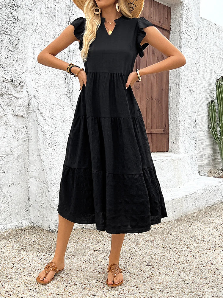 Women's summer fashion retro elegant V-neck solid color vertical zou texture waist long dress