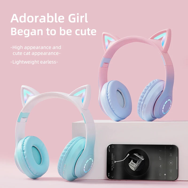 Wireless Headphone Flash Light Cute Cat Ears with Mic Control LED Kid Girl Stereo Music Helmet Phone Bluetooth Headset Gift