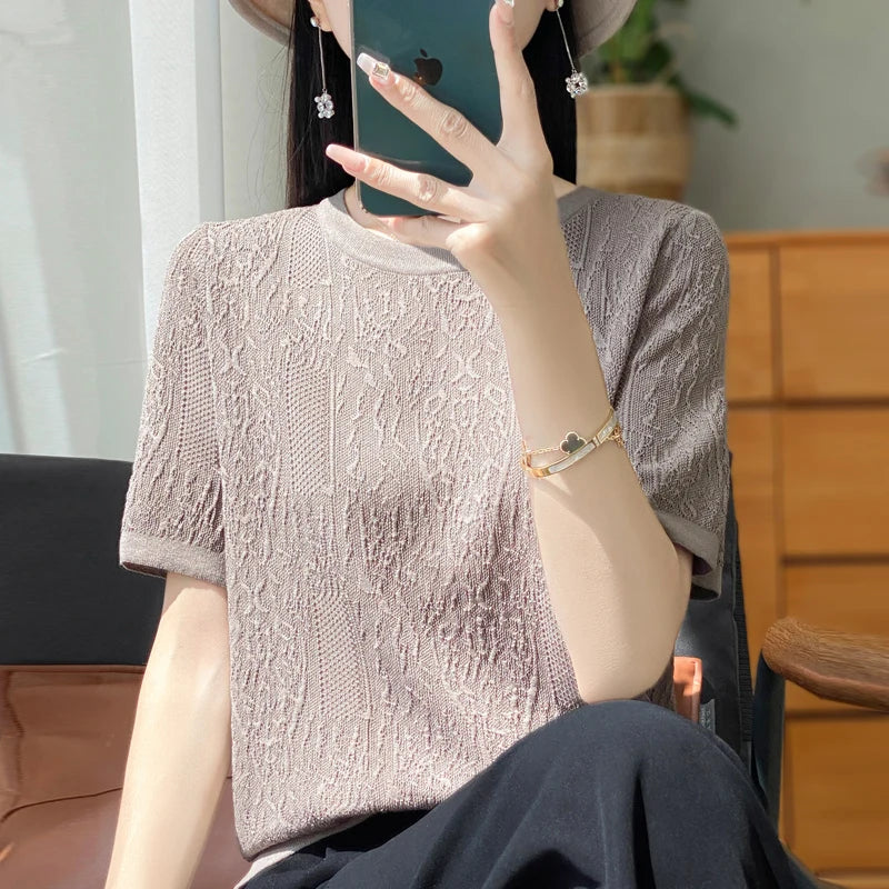 3D Relief Ice Silk Knitted Short Sleeved Women's Round Neck Loose Thin Jacquard Top Wth a Base T-shirt  2024Hot Selling Items