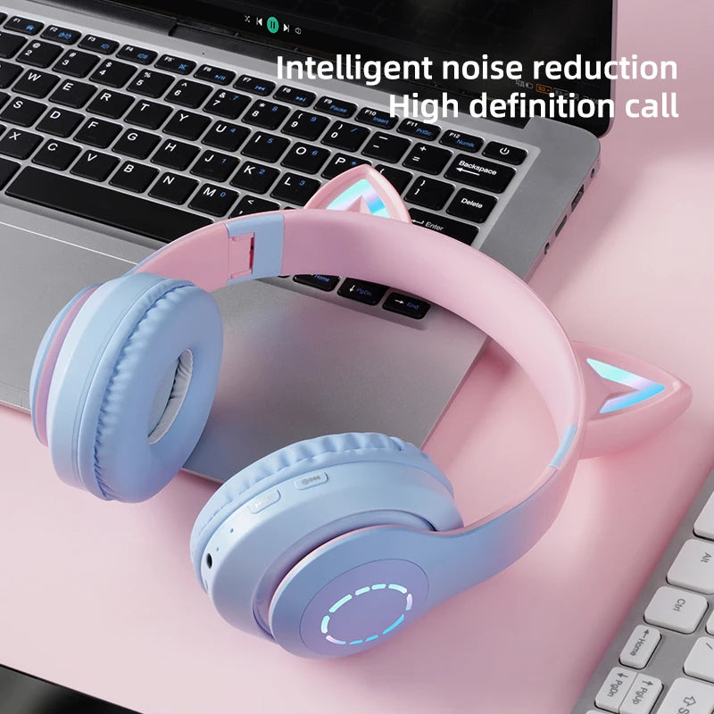 Wireless Headphone Flash Light Cute Cat Ears with Mic Control LED Kid Girl Stereo Music Helmet Phone Bluetooth Headset Gift