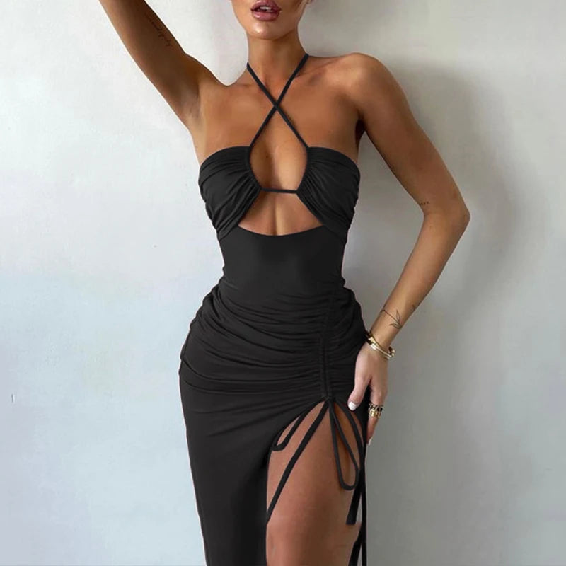 Vestido preto sexy de verão para mulheres sem mangas sem costas vazado