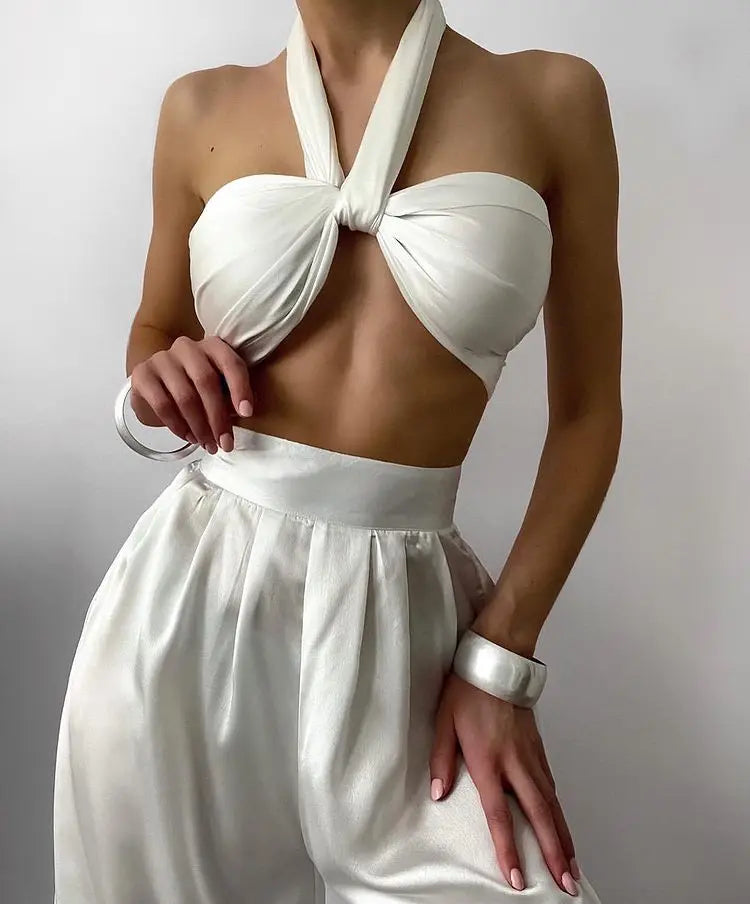 Summer Street Solid Color Sexy Cross Neck Sleeveless Halter Jacket High Waist Wide  Leg Pants Women'S Clothing Two-Piece Uit